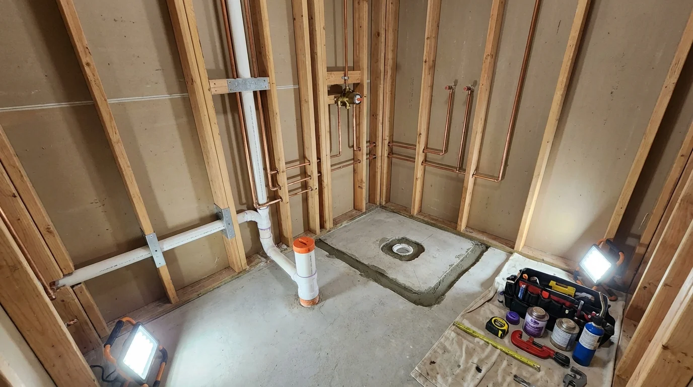 Bathroom rough-in plumbing during remodel by Johns Plumbing LLC in Lihue