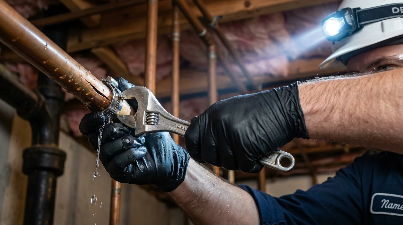 Emergency pipe clamp repair being performed by a Johns Plumbing LLC plumber in Lihue