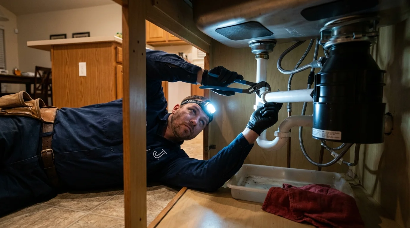 P-trap and supply line connections under a kitchen sink showing a common leak point in Lihue, HI